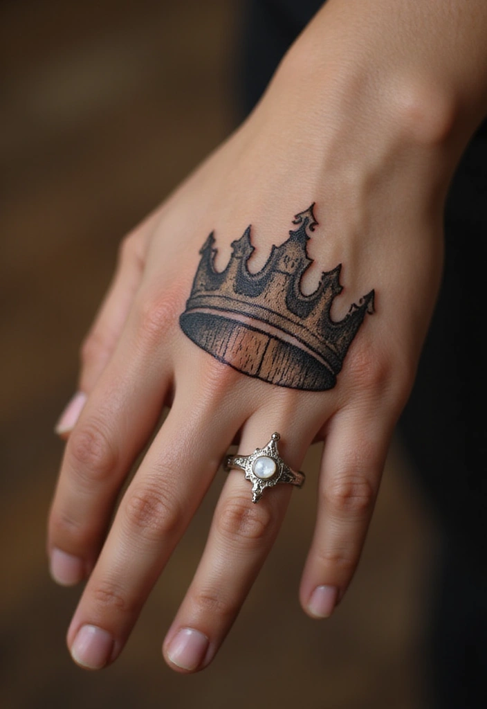 30 King and Queen Tattoos Finger Designs for Couples - 23. Rustic Wood Crown Design