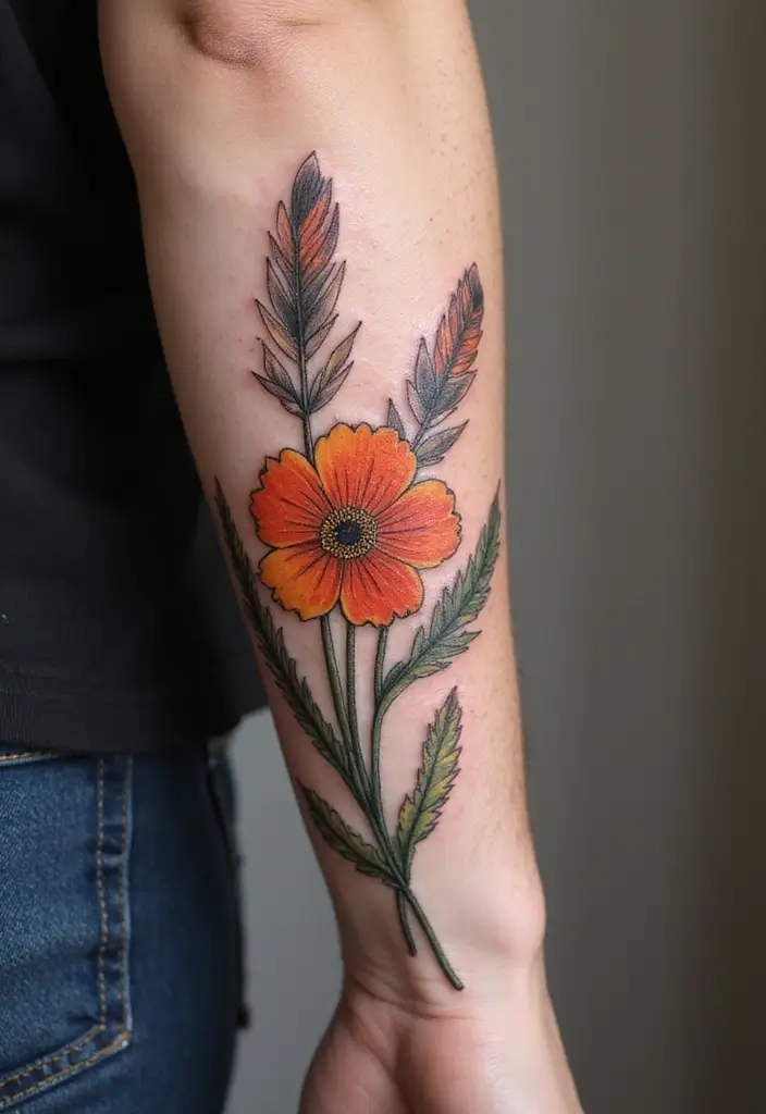 30 Larkspur Tattoo Designs Inspired by Birth Flowers - 23. Larkspur with Feathers