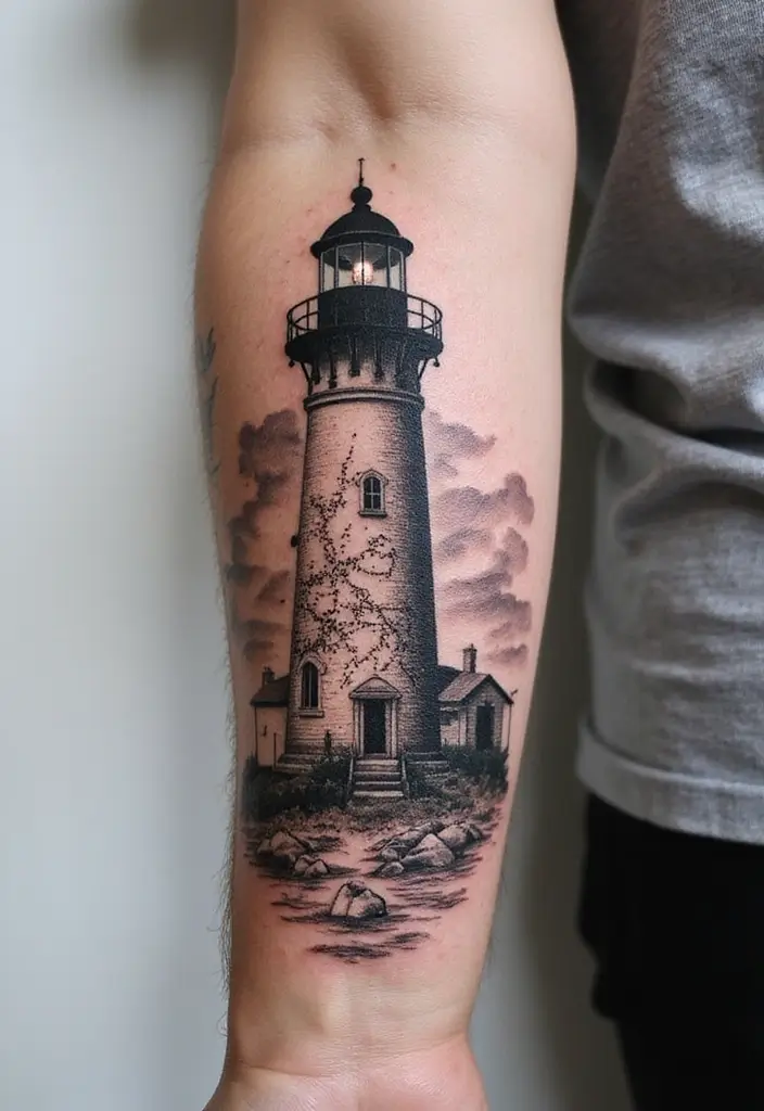 30 Lighthouse Forearm Tattoo Ideas That Guide the Way - 23. Lighthouse with a Map