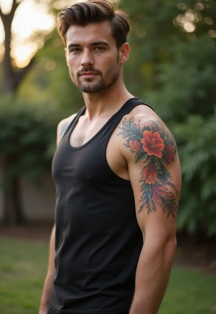 30 Mens Flower Sleeve Tattoo Ideas with Bold Florals - 23. Flower and Feather Fusion: Freedom and Beauty