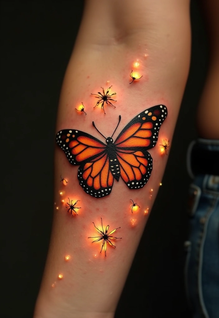 30 Monarch Butterfly Tattoo Designs with Deep Symbolism - 23. Monarch Butterfly with Fireflies
