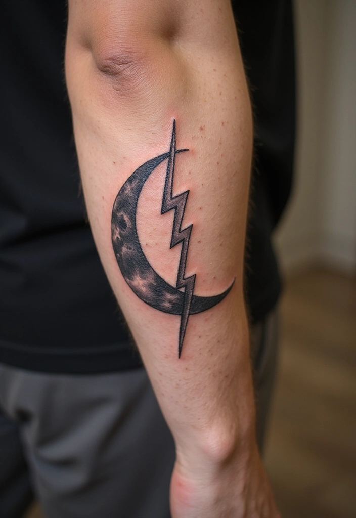 30 Moon Tattoos for Men That Radiate Power and Mystery - 23. Moon and Lightning Tattoo