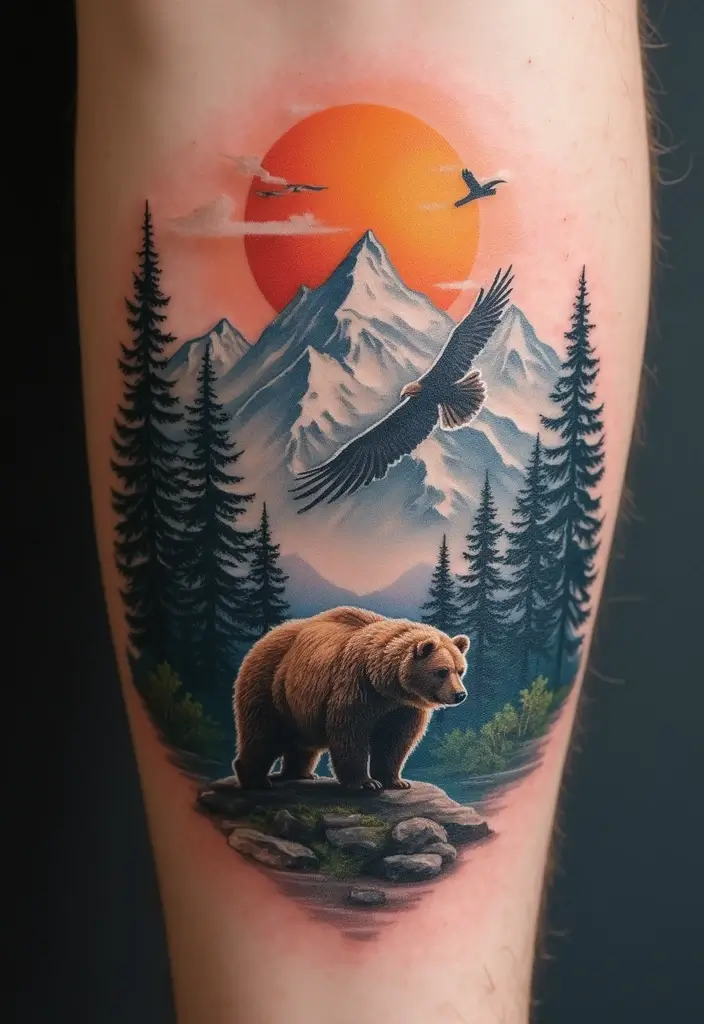 30 Mountain Tattoos for Men That Capture Adventure Spirit - 23. Mountain and Wildlife Tattoos