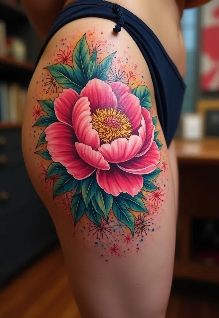 30 Peony Tattoo Ideas with Meaning and Elegance - 23. Peony and Fireworks