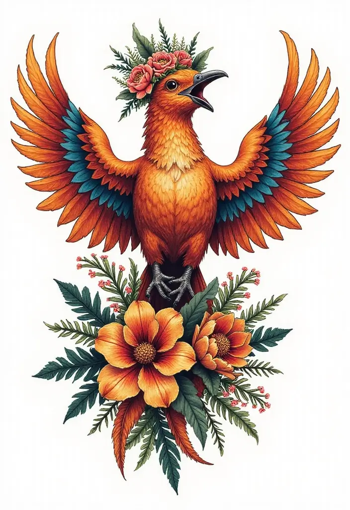 30 Phoenix Reborn Tattoo Designs with Deep Meanings - 23. Floral Phoenix Crown