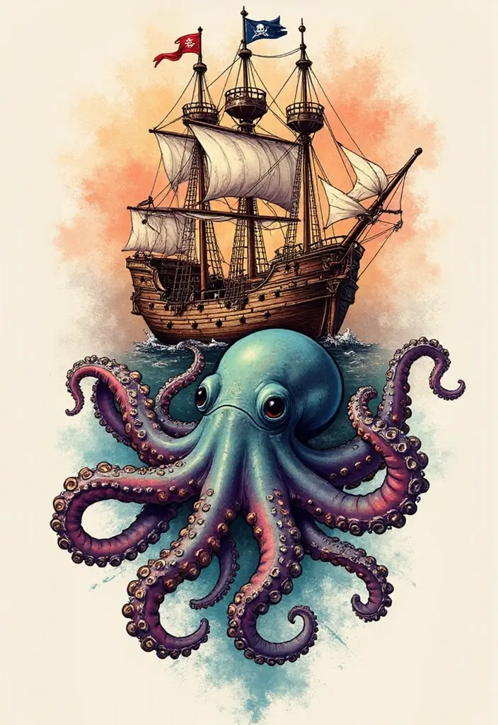 30 Pirate Ship Tattoo Designs for Ocean Lovers - 23. Pirate Ship with an Octopus