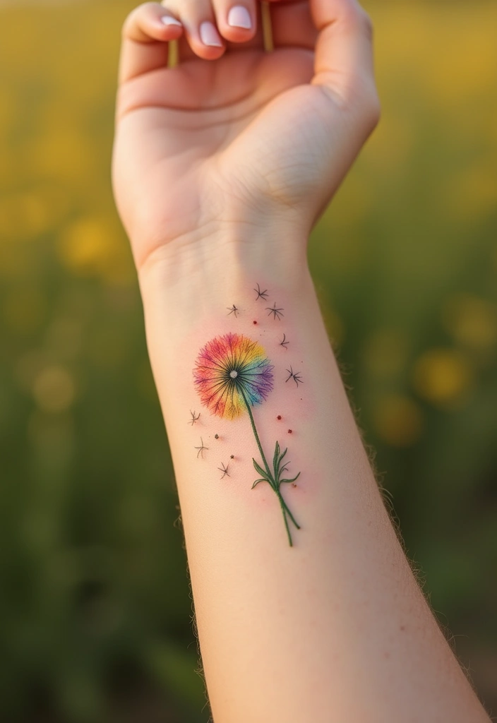 30 Rainbow Tattoo Ideas Full of Color and Meaning - 23. Rainbow Dandelion Tattoo