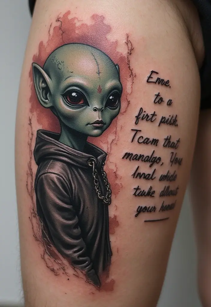 30 Realistic Alien Tattoo Inspirations That Look Out of This World - 23. Alien with Quotes