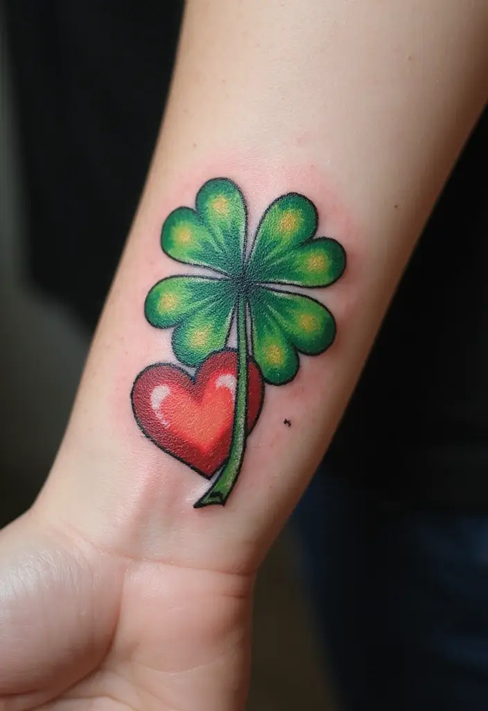 30 Realistic Four Leaf Clover Tattoo Inspirations for Luck - 23. Clover with Heart