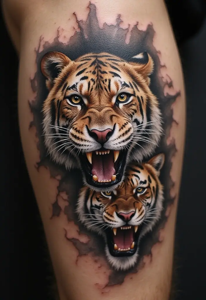 30 Roar Lion Tattoo Inspirations That Show Strength - 23. Lion and Tiger Fusion: Animal Power