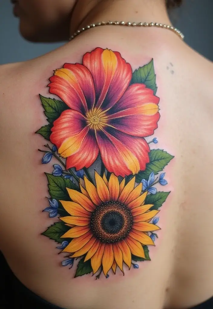 30 September Birth Flower Tattoo Ideas with Meaning - 23. Morning Glory with a Sunflower