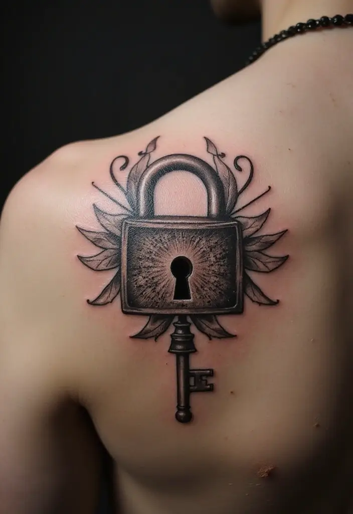 30 Shoulder and Back Tattoos for Guys with Masculine Energy - 23. The Lock and Key