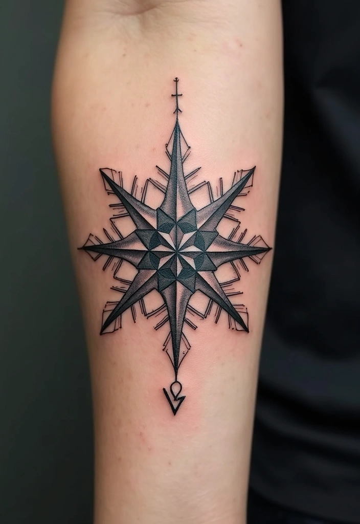30 Snowflake Tattoo Ideas with Delicate and Unique Patterns - 23. Snowflake with a Compass