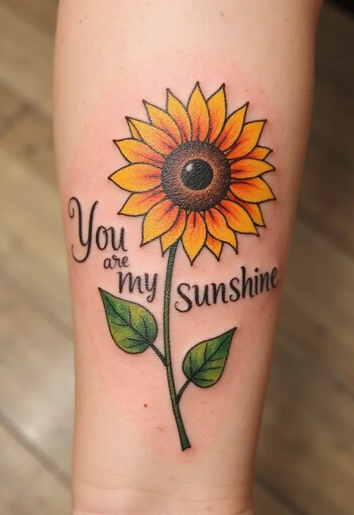 30 Sunflower and Quote Tattoo Ideas Full of Positivity - 23. Sunflower with 'You are My Sunshine'