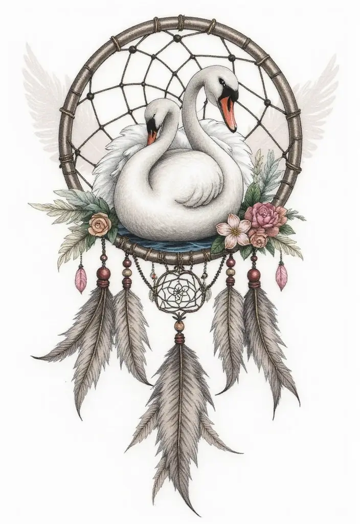 30 Graceful Swan Tattoo Ideas for a Timeless Look - 23. Swans with Dreamcatchers