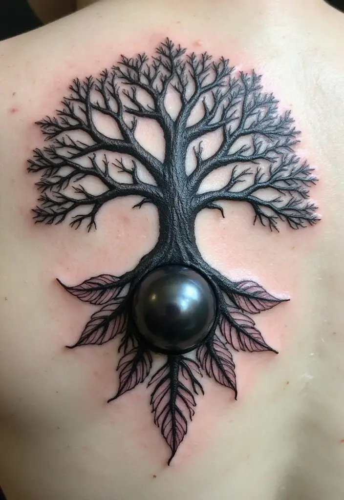 30 Tattoo Black Pearl Ideas to Inspire Your Next Ink - 23. Black Pearl with Tree of Life