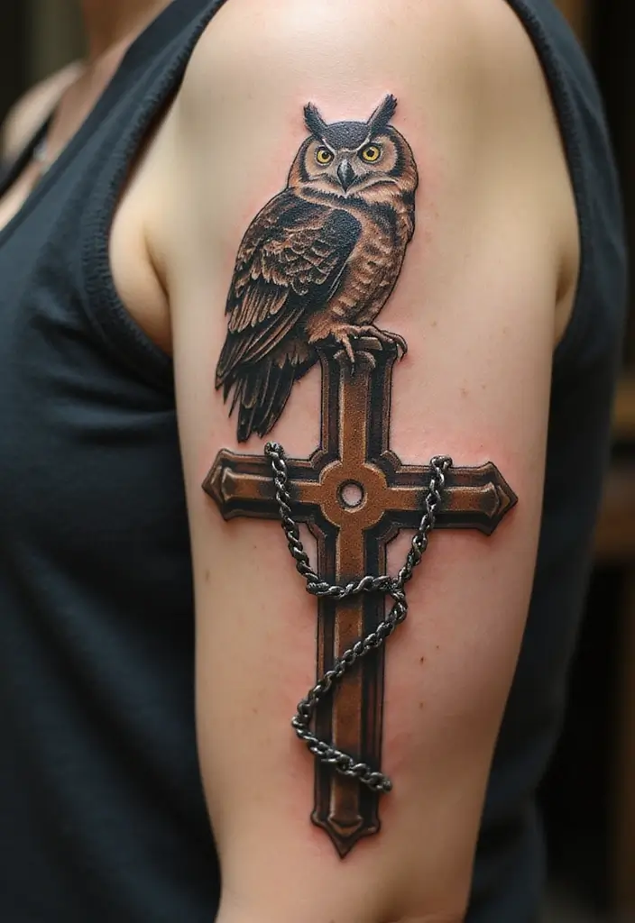 30 Tattoo Cross 3D Designs That Look Realistic - 23. Cross with an Owl