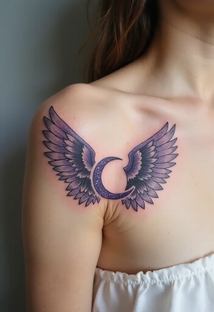30 Shoulder Wing Tattoo Ideas with Angelic Inspiration - 23. Wings with a Moon