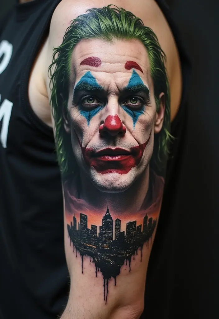30 The Joker Tattoo Meaning and Unique Designs - 23. The Joker with a City Skyline