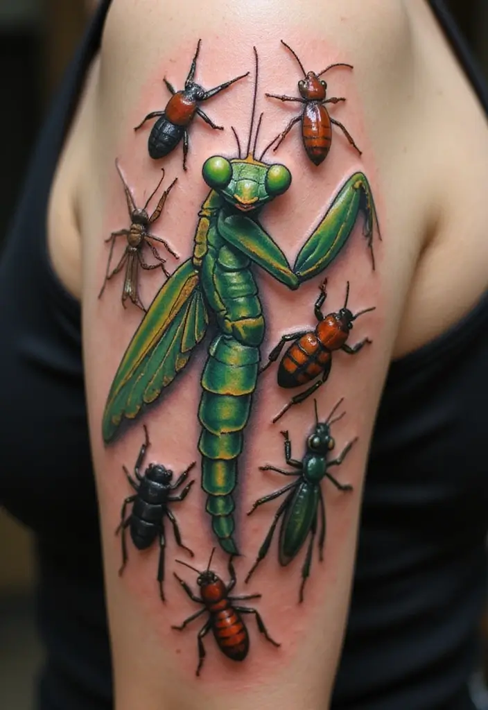 30 Traditional Praying Mantis Tattoo Ideas You’ll Love - 23. Mantis with Insect Family