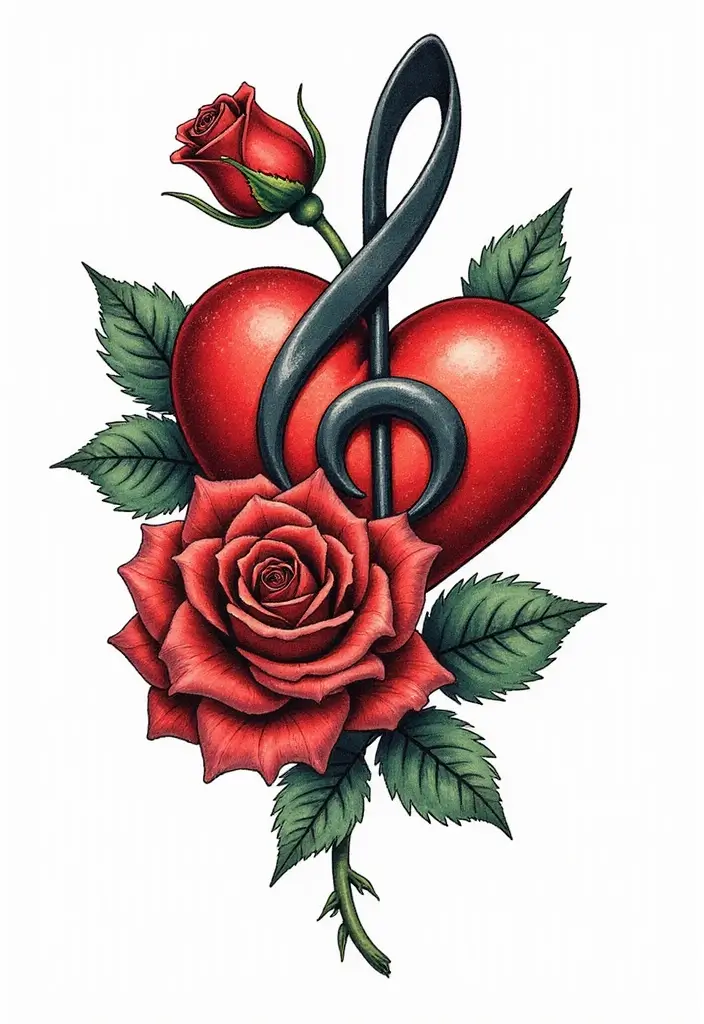 30 Treble Clef and Bass Clef Heart Tattoo Ideas for Music Lovers - 24. Clef Heart with a Rose