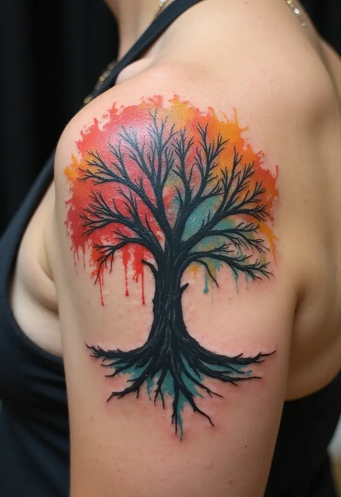30 Tree on Shoulder Tattoo Ideas That Look Stunning - 23. Artistic Brushstroke Tree