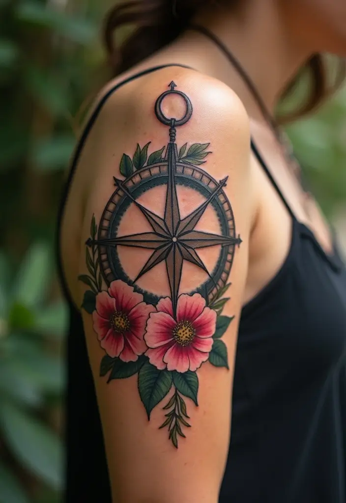 30 Women’s Feminine Arm Tattoos That Look Stylish - 23. Floral Compass Tattoos