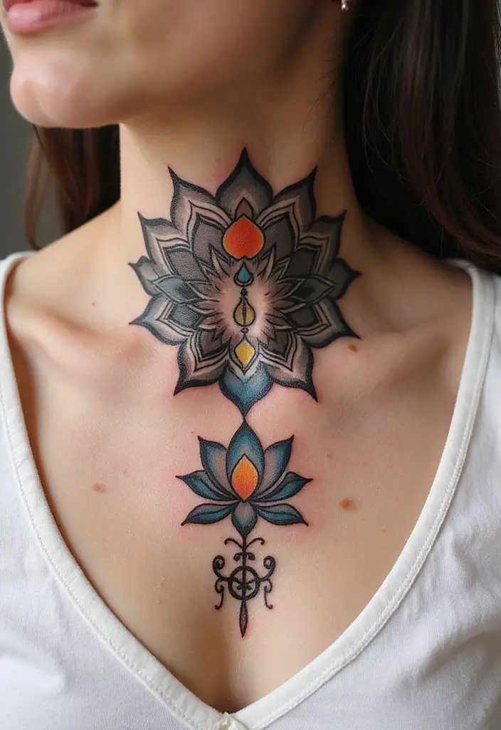 30 Women's Throat Tattoos That Are Edgy and Elegant - 23. Spiritual Symbols