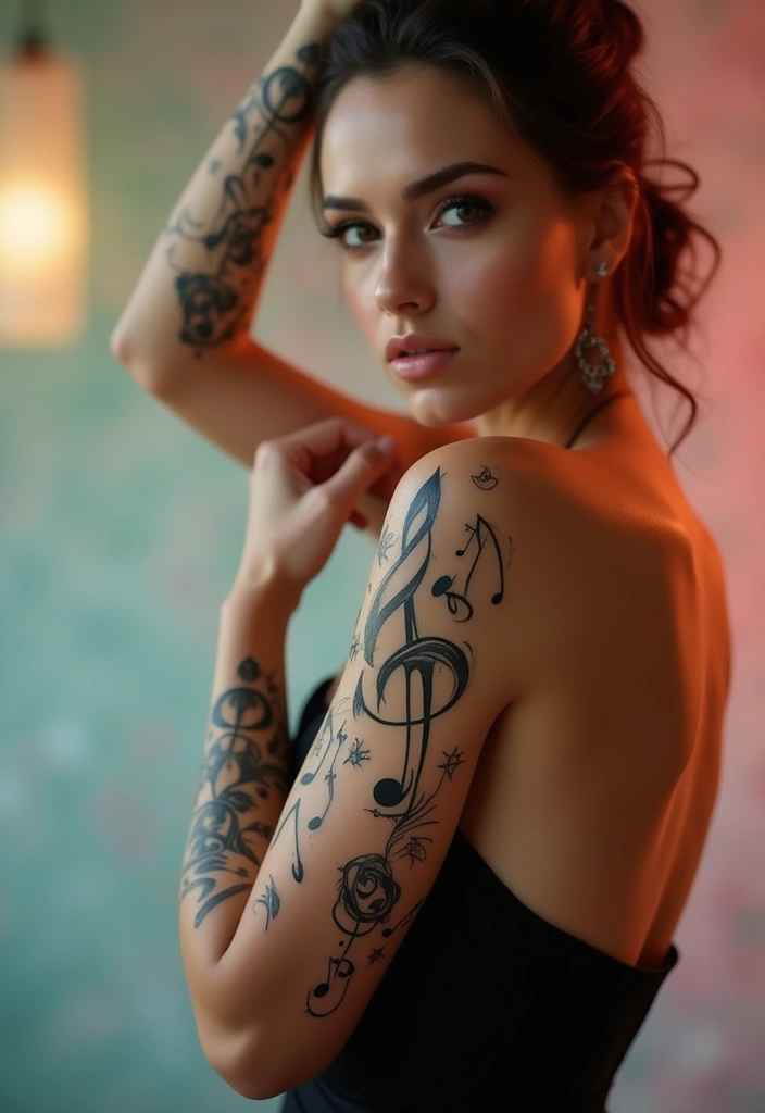 30 Arm Tattoos for Women with Stylish and Bold Looks - 24. Music-Inspired Tattoos