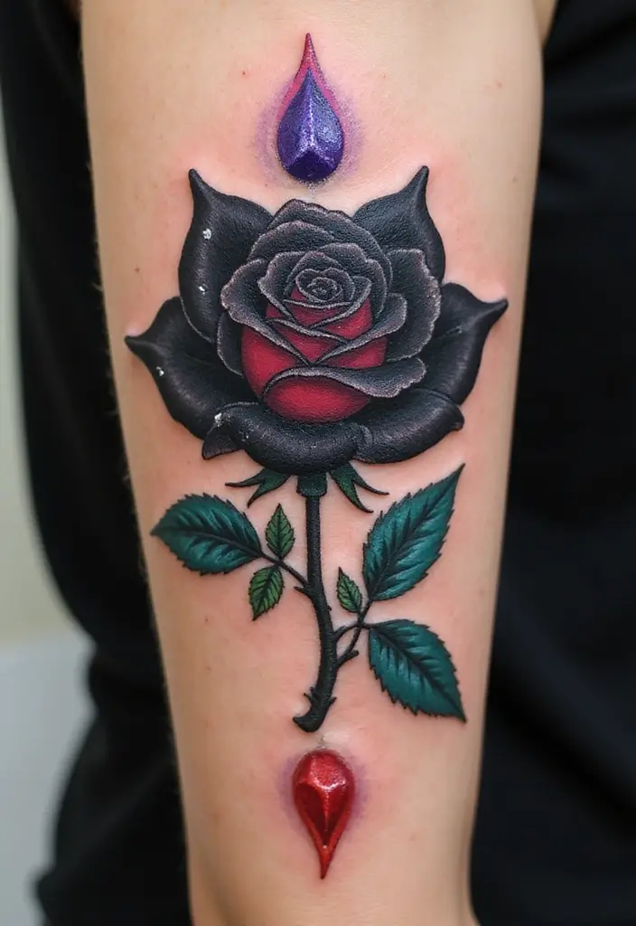 30 Black Rose Tattoo Meaning and Design Inspirations - 24. Black Rose with Chakra Symbols