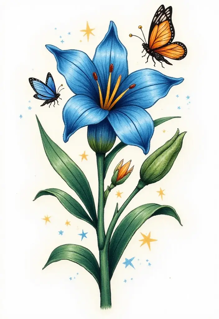 30 Blue Lily Tattoo Designs That Look Elegant - 24. Blue Lily with Fireflies