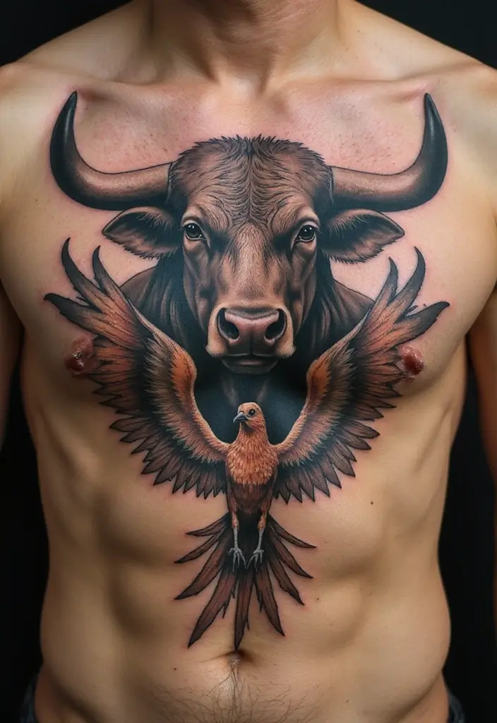 30 Bull Tattoo Chest Ideas Full of Strength - 24. Bull and Phoenix