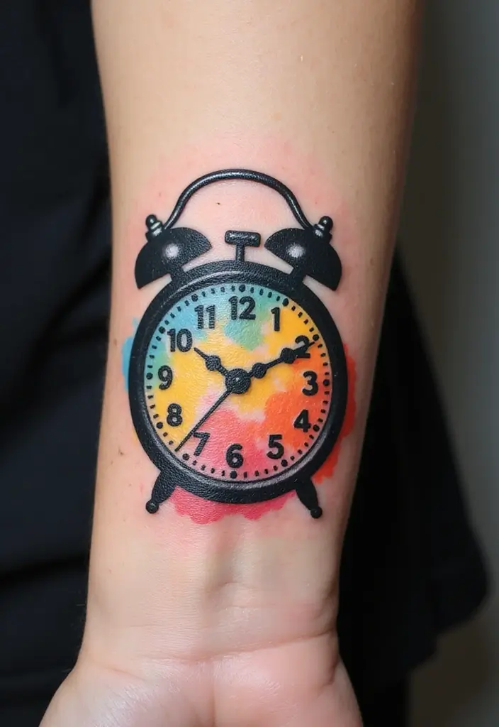 30 Clock Tattoo on Hand Ideas That Stand the Test of Time - 24. Multicolored Clock Design