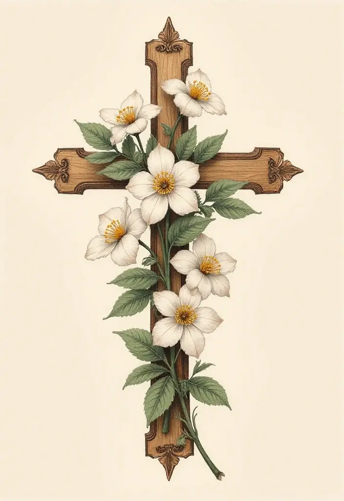 30 Cross with Flowers Tattoo Ideas That Blend Faith and Beauty - 24. Cross with Jasmine Flowers