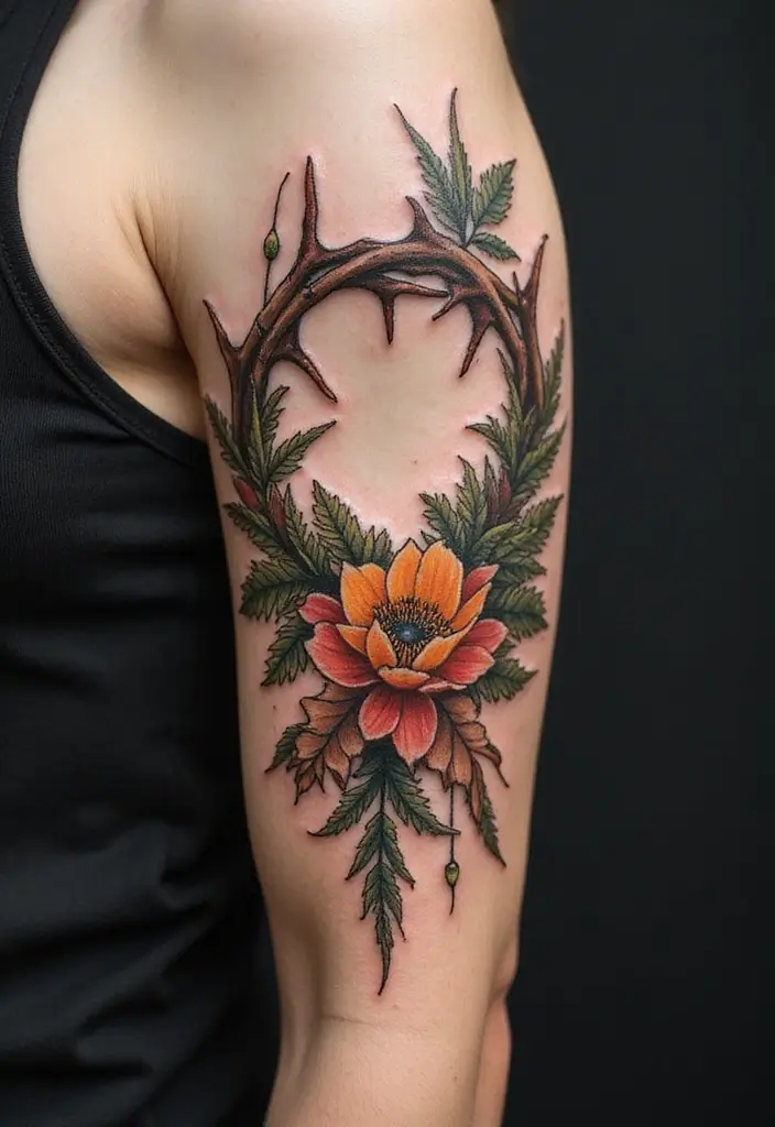 30 Crown of Thorns Bicep Tattoo Inspirations You’ll Admire - 24. Whimsical Woodland