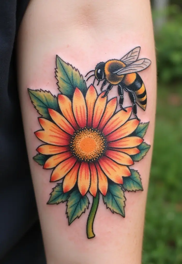 30 Daisy April Birth Flower Tattoo Designs You’ll Love - 24. Daisy and Bee
