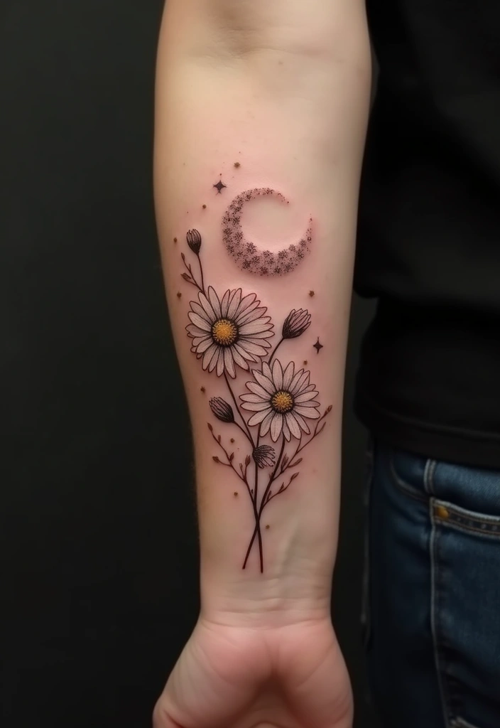 30 Daisy Tattoo Ideas for a Fresh and Delicate Design - 24. Daisies with the Moon