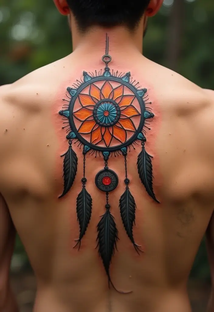 30 Dream Catcher Tattoo Ideas for Men with Protective Energy - 24. Dream Catcher with Mandala Sun