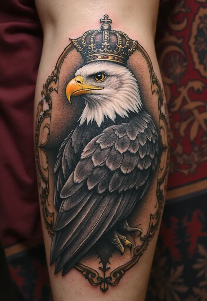 30 Eagle Tattoo Ideas That Represent Power and Courage - 24. Eagle with a Crown