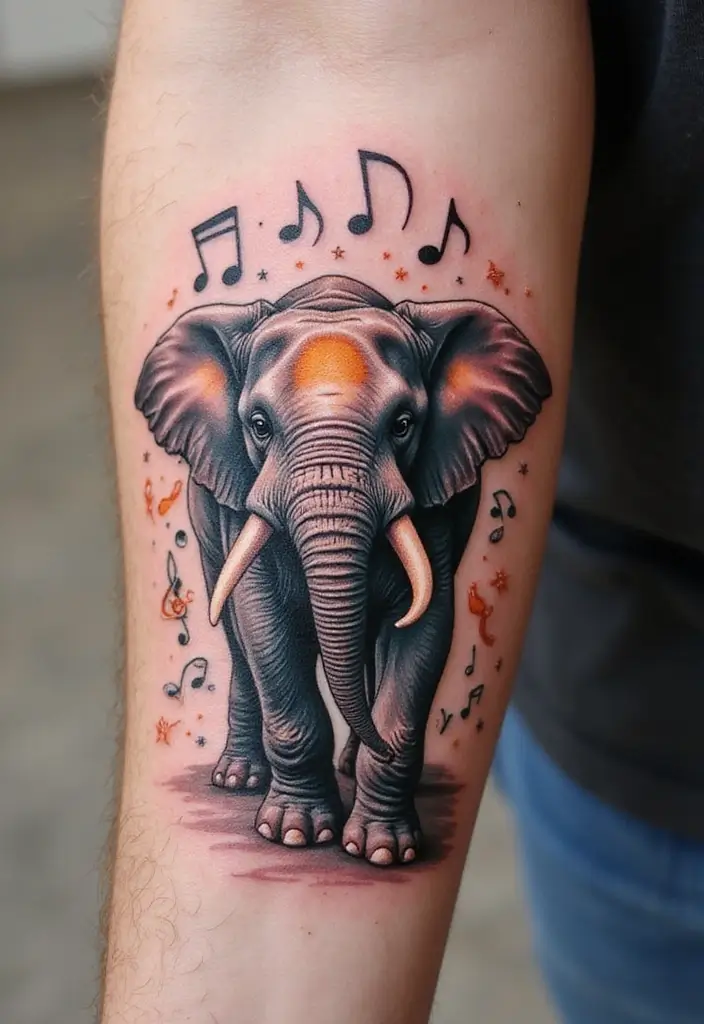 30 Elephant Tattoo Designs That Represent Strength and Wisdom - 24. Elephant with Musical Notes