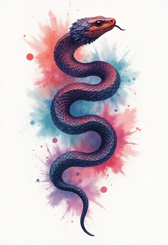 30 Geometric Snake Tattoo Ideas with Unique Patterns - 24. Geometric Snake with Watercolor Background
