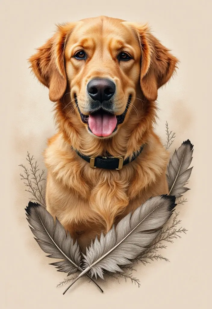 30 Golden Retriever Memorial Tattoos Honoring Beloved Pets - 24. Golden Retriever with a Feather