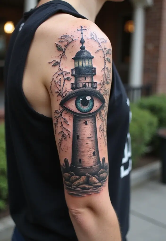 30 Greek Eye Tattoo Meaning and Stunning Design Ideas - 24. Greek Eye in a Lighthouse