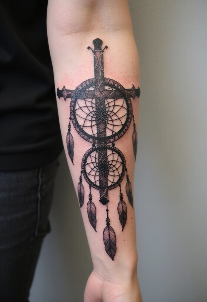 30 Hand Cross Tattoos That Blend Faith and Style - 24. Cross with a Dreamcatcher
