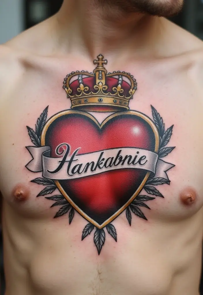 30 Heart Tattoos with Names to Celebrate Love and Bonds - 24. Heart with a Crown and Name