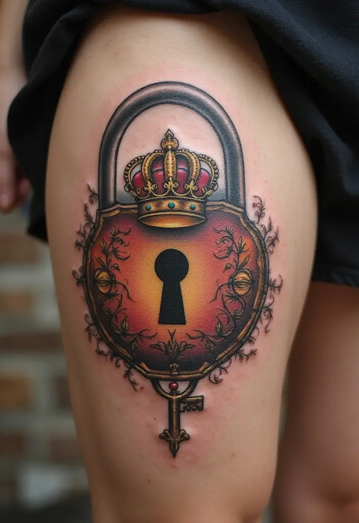 30 Key Lock Tattoo Ideas Symbolizing Love and Mystery - 24. Key Lock with a Crown