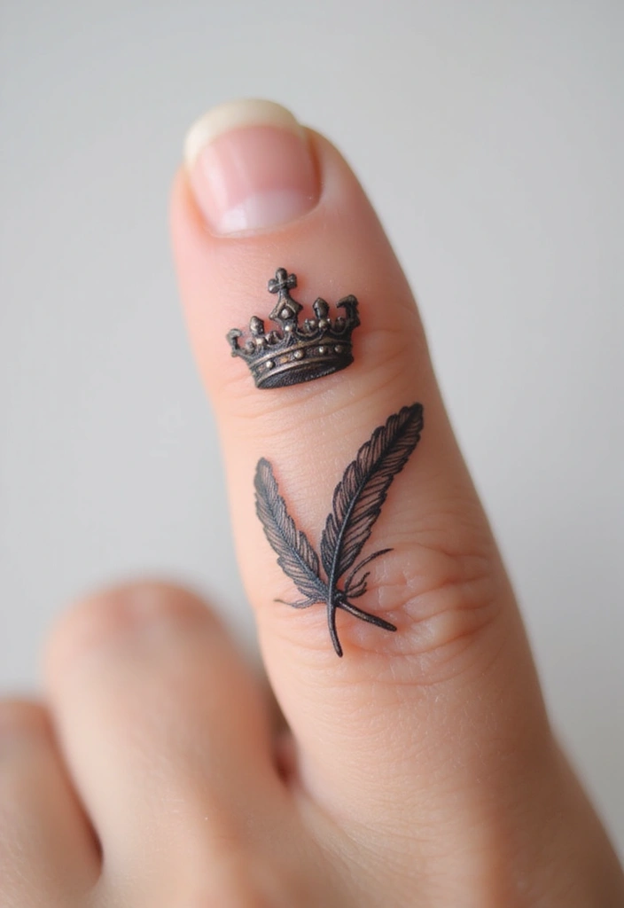 30 King and Queen Tattoos Finger Designs for Couples - 24. Crown with Feather Tattoo