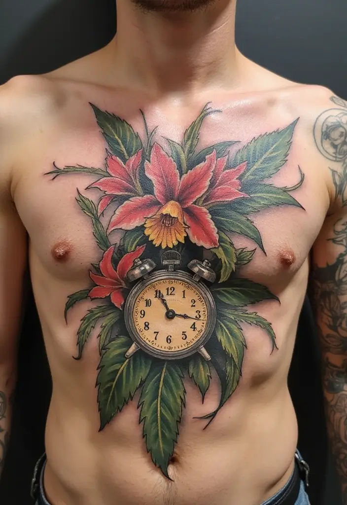 30 Larkspur Tattoo Designs Inspired by Birth Flowers - 24. Larkspur and Clock