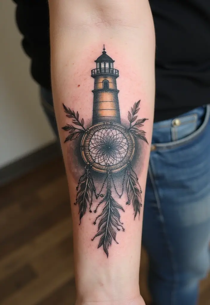 30 Lighthouse Forearm Tattoo Ideas That Guide the Way - 24. Lighthouse with a Dreamcatcher