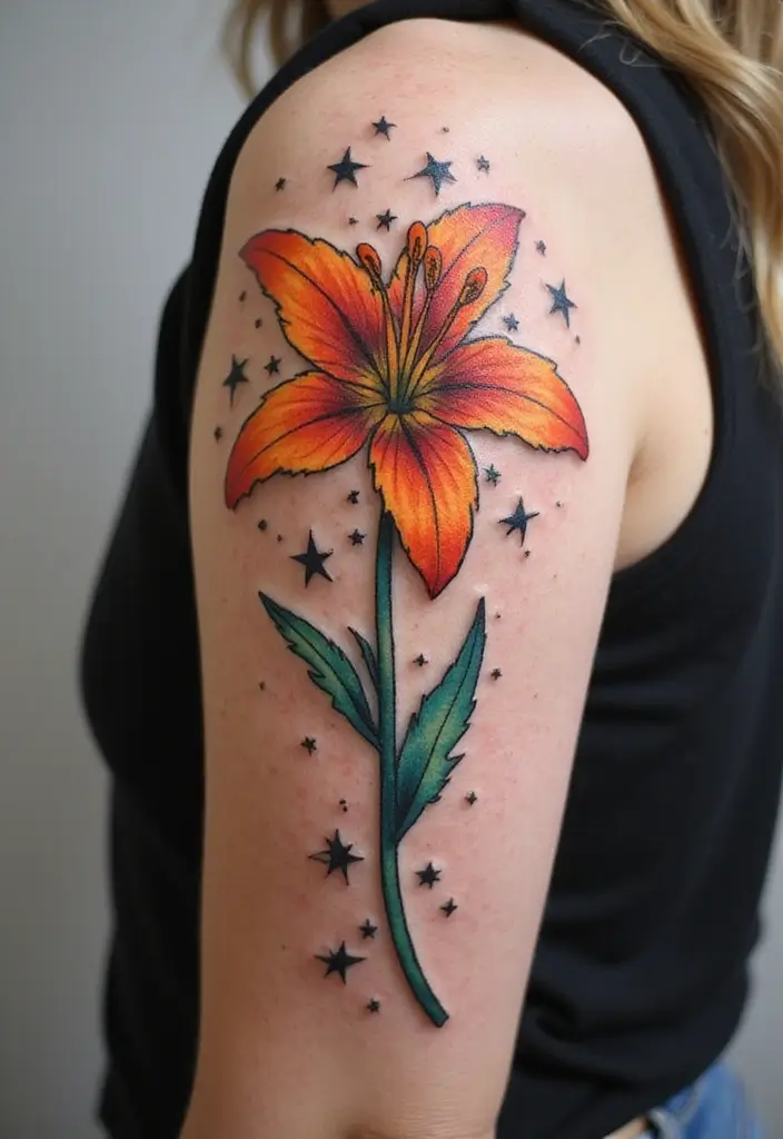 30 Lily Tattoos for Men That Balance Strength and Elegance - 24. Lily with Stars